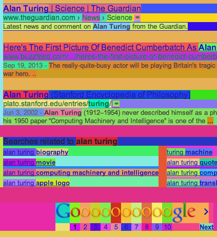 Alan Turing results in google, colored with Autumn